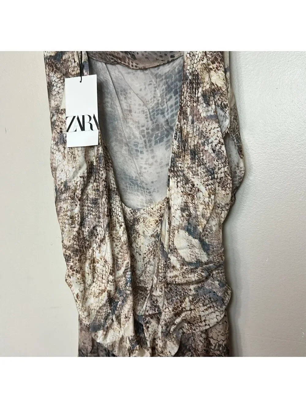 Zara Sleeveless Snake Print Satin Draped Low Back Midi Summer Dress - Picture 15 of 15